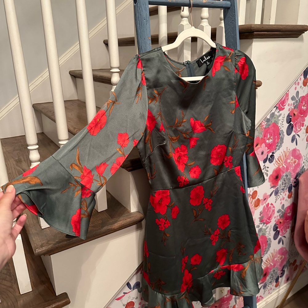 Lulus Flare Game Sage Green Floral Satin Flounce Sleeve Mini Dress - Picture 2 of 4